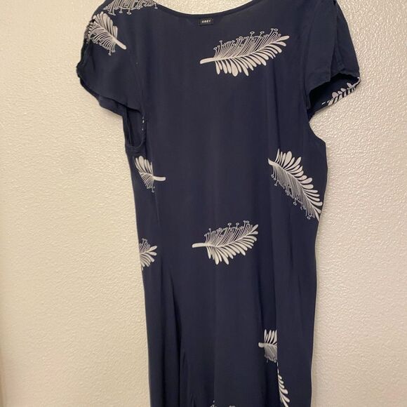 Obey navy blue front tie V-neck summer dress feather fern 100% viscose small - Picture 4 of 12
